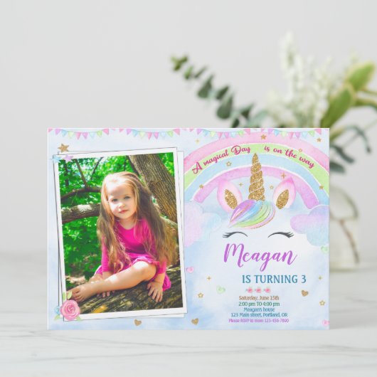 Foto: Unicorn verjaardagsuitnodiging Magische part Kaart (Staand voorkant)
