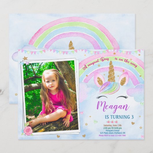 Foto: Unicorn verjaardagsuitnodiging Magische part Kaart (Voorkant / Achterkant)