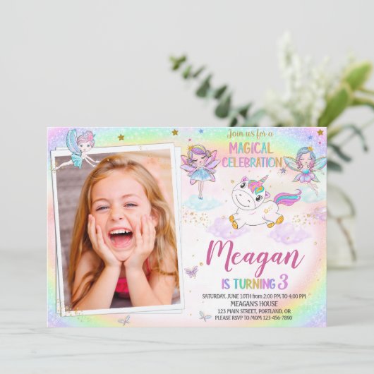 Foto: Unicorn verjaardagsuitnodiging Zuiveluitnodi Kaart (Staand voorkant)