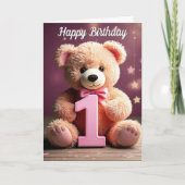 Foto Upload Schattigee Teddy Bear Girl 1st Birthda Kaart (Voorkant)