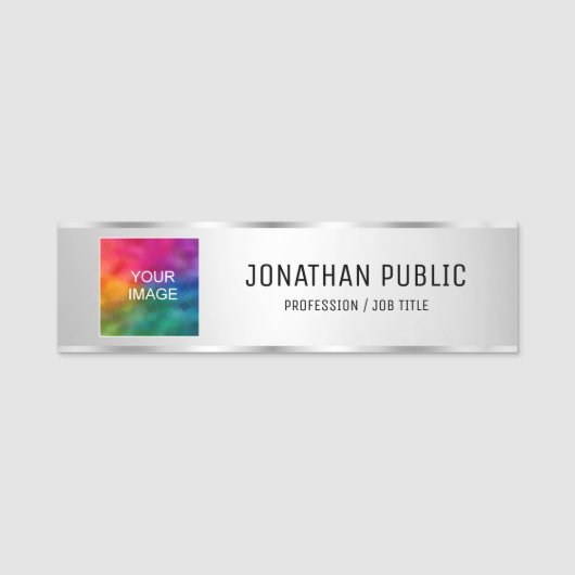 Foto uploaden of Logo Tekst toevoegen Faux Silver  Naamplaatje (Voorkant)