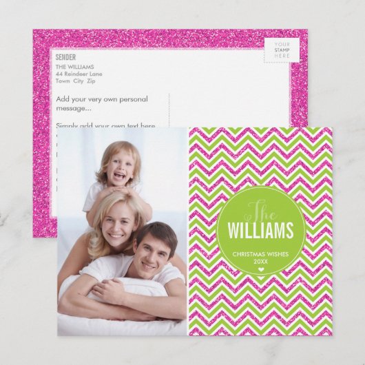 FOTO VAKANTIE KAART chevron glitter roze limoen gr (Voorkant / Achterkant)