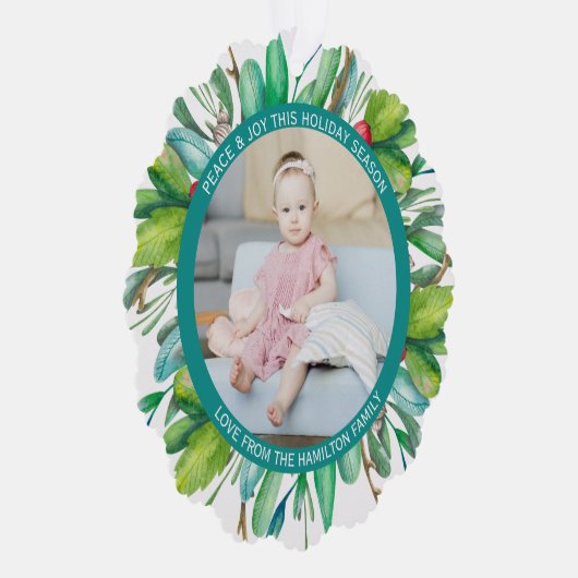 Foto Vakantiekrans Gepersonaliseerde Kerstmis Ornament Kaart (Rechts)