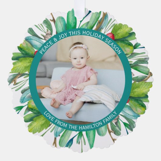 Foto Vakantiekrans Gepersonaliseerde Kerstmis Ornament Kaart (Voorkant)