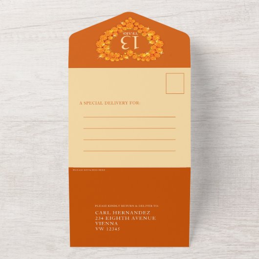 Foto van 13e trouwdag, citrine sinaasappel all in one uitnodiging (Buitenkant)