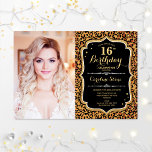 Foto van 16e verjaardag Gold Black Leopard Print Kaart<br><div class="desc">Leopard print 16e verjaardagsfeestuitnodiging met je foto. Kenmerken het cheetah patroon,  het manuscriptdoopvont en de confetti. Klein zwart wit ontwerp met faux glitter Gold. Ideaal voor een elegante dierenkopper die zestien feestdagen lief is.</div>