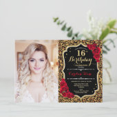Foto van 16e verjaardag Red Gold Leopard Print Kaart (Staand voorkant)