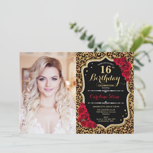 Foto van 16e verjaardag Red Gold Leopard Print Kaart (Staand voorkant)