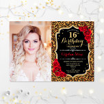 Foto van 16e verjaardag Red Gold Leopard Print Kaart<br><div class="desc">Leopard print 16e verjaardagsfeestuitnodiging met je foto. Kenmerken het cheetah patroon,  het manuscriptdoopvont,  rode rozen en confetti. Klein zwart wit rood met faux glitter Gold. Ideaal voor een elegante dierenkopper die zestien feestdagen lief is.</div>