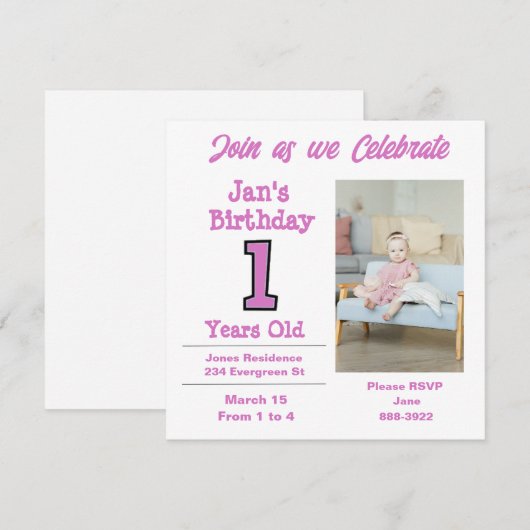 Foto van 1 jaar Uitnodiging van de 1-jarige Girl P (Voorkant / Achterkant)