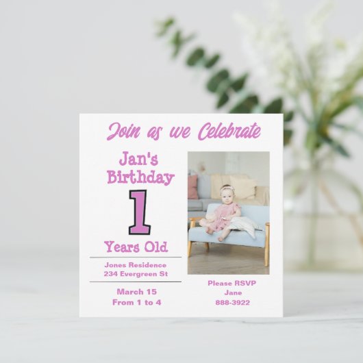 Foto van 1 jaar Uitnodiging van de 1-jarige Girl P (Staand voorkant)