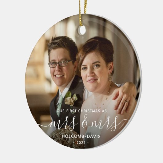 Foto van 1 Kerstmis, mevrouw LGBTQ, wit script Keramisch Ornament (Links)