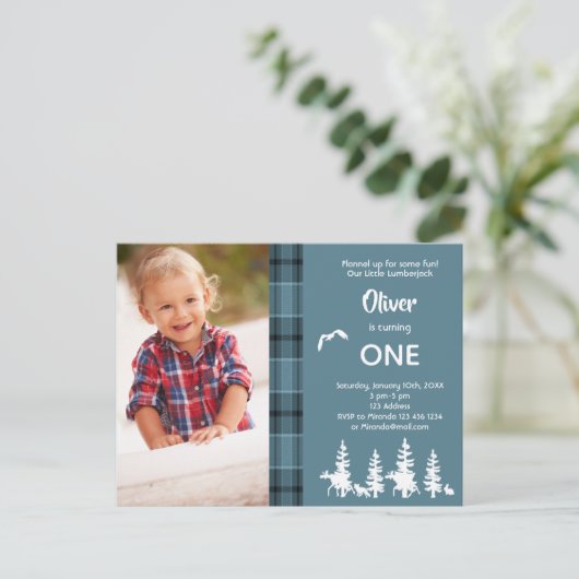 Foto van 1 verjaardag blauwe lumberjack uitnodigin briefkaart (Staand voorkant)