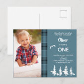 Foto van 1 verjaardag blauwe lumberjack uitnodigin briefkaart (Voorkant / Achterkant)