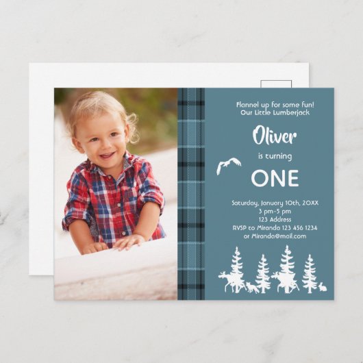 Foto van 1 verjaardag blauwe lumberjack uitnodigin briefkaart (Voorkant / Achterkant)