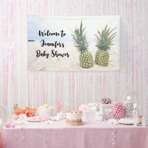 Foto van 2 ananassen op een strand Baby shower Spandoek