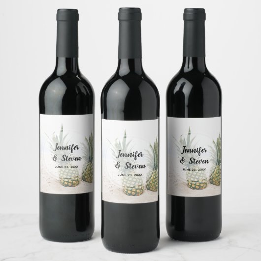 Foto van 2 ananassen op een strand bruiloft wijn etiket (Flessen)
