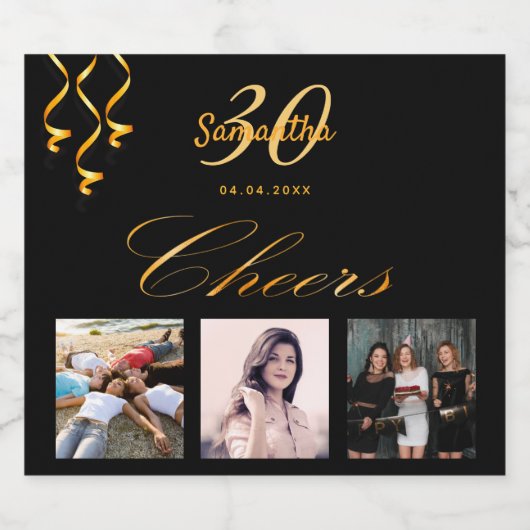 Foto van 30e verjaardagsfeestje zwarte gouddezen f sparkling wijnetiket (Enkel label)