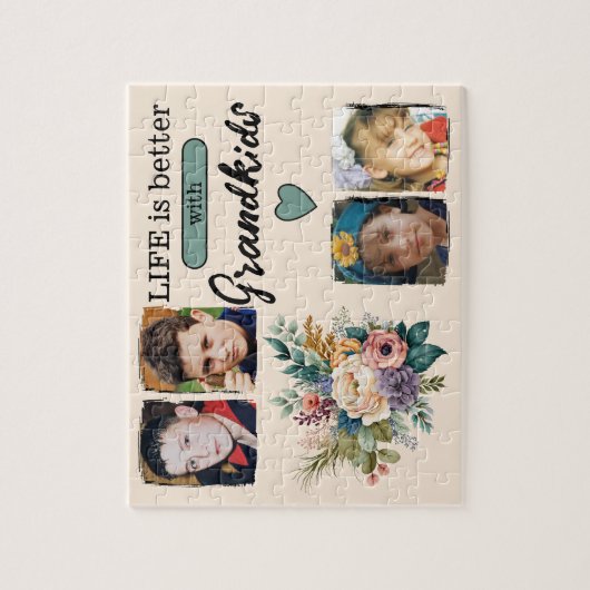 Foto van 4 kleinkinderen in bloemmotief groen legpuzzel (Verticaal)