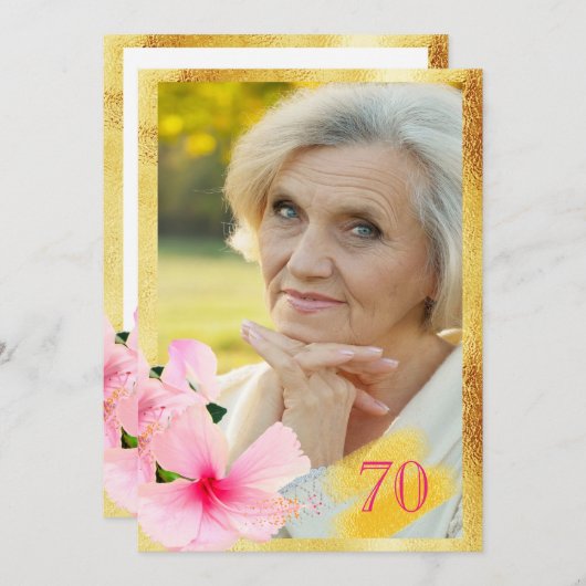 Foto van 70e verjaardagsfeestje tropisch bloemwit kaart (Voorkant / Achterkant)