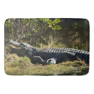 Foto van alligator die zich in de zon koestert op badmat