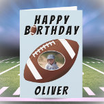 Foto van American Football Ball Birthday Boy Kaart<br><div class="desc">American Football Ball Sports Kinder Boy Birthday Photo Card. Football-themed verjaardagskaart met naam en foto op een football bal. Voeg jouw tekst in de kaart toe of verwijder deze. Geweldig voor kinderen die van football en sport houden.</div>