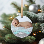 Foto van Aqua Blue Baby Ornament<br><div class="desc">"Mijn eerste Kerstmis" banner en sneeuwvlokvormig ornament kunnen worden gepersonaliseerd met de naam van de baby en het geboortejaar. Omvat een tweede foto op de rug. Aqua/blauwgroen blauwe,  grijze en witte kleuren.</div>