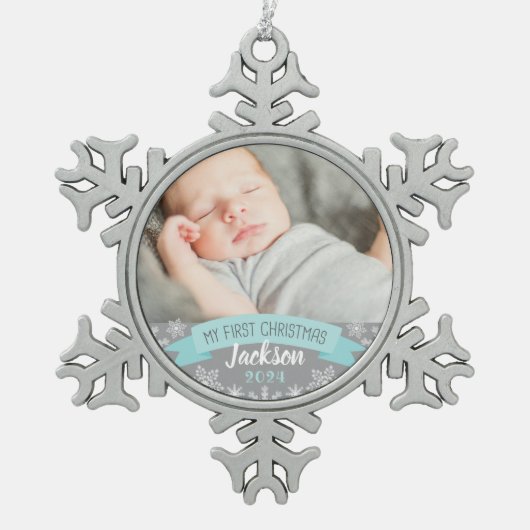 Foto van Aqua Blue Baby Tin Sneeuwvlok Ornament (Voorkant)