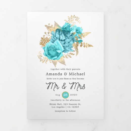 Foto van Aqua Blue en Gold Floral Wedding Drieluik Uitnodiging (Cover)
