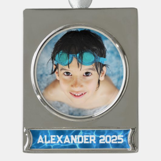Foto van Aqua Blue Swimming Pool Verzilverd Banner Ornament (Voorkant)