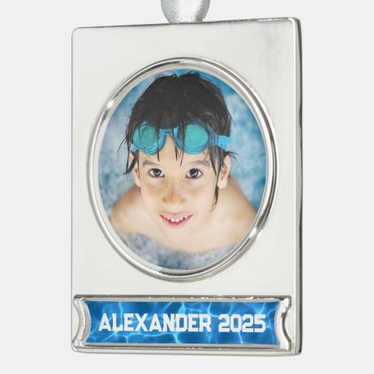 Foto van Aqua Blue Swimming Pool Verzilverd Banner Ornament (Links)