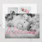 Foto van baby B&W - Roze - Welkomstaankondiging ge Kaart (Voorkant / Achterkant)
