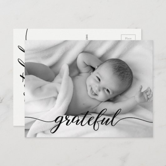 Foto van baby Birth Announement Grateful Script Aankondigingskaart (Voorkant / Achterkant)