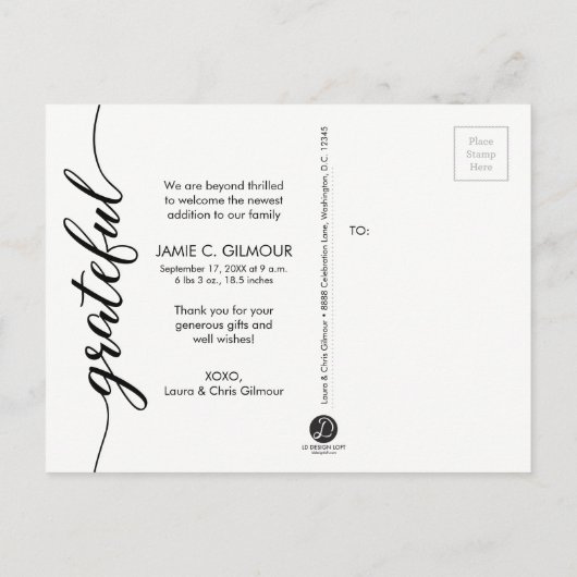 Foto van baby Birth Announement Grateful Script Aankondigingskaart (Achterkant)