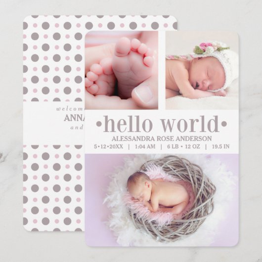 Foto van baby Hallo World Taupe/Pink 3 Aankondiging (Voorkant / Achterkant)