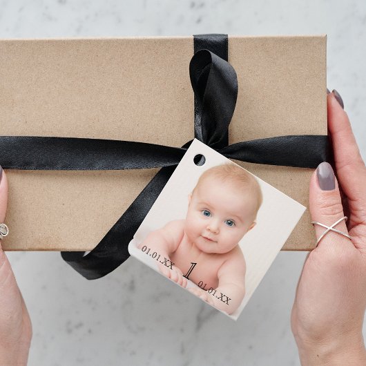 foto van baby voor eerste verjaardagsfeest Dank je Bedankjes Labels
