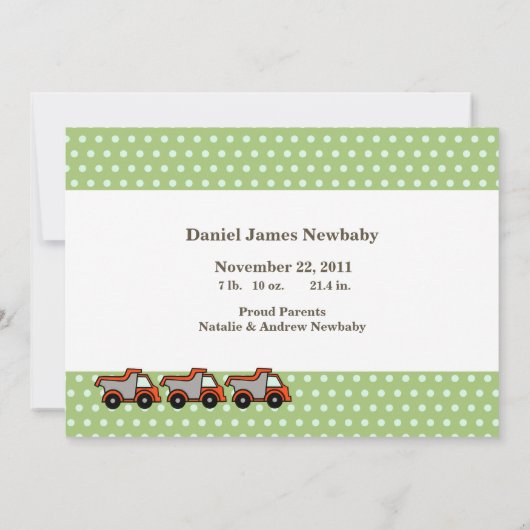 Foto van babyjongen met kiepwagen aankondiging (Achterkant)