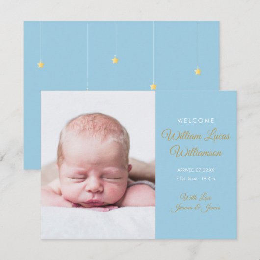 Foto van babyjongen, moderne gouden script geboort aankondigingskaart (Voorkant / Achterkant)