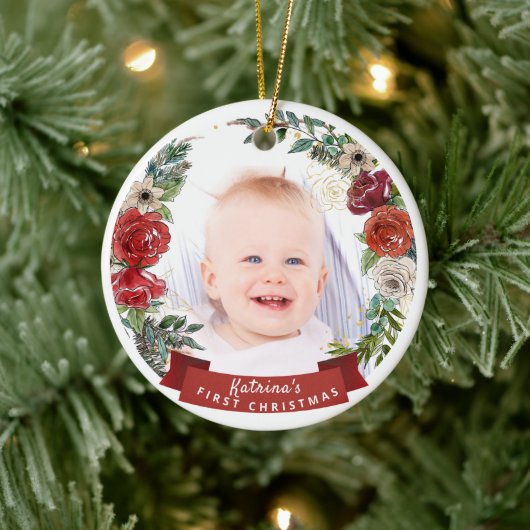 Foto van Baby's eerste kerstfeest Waterverf Keramisch Ornament (Boom)