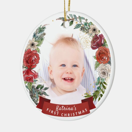 Foto van Baby's eerste kerstfeest Waterverf Keramisch Ornament (Links)