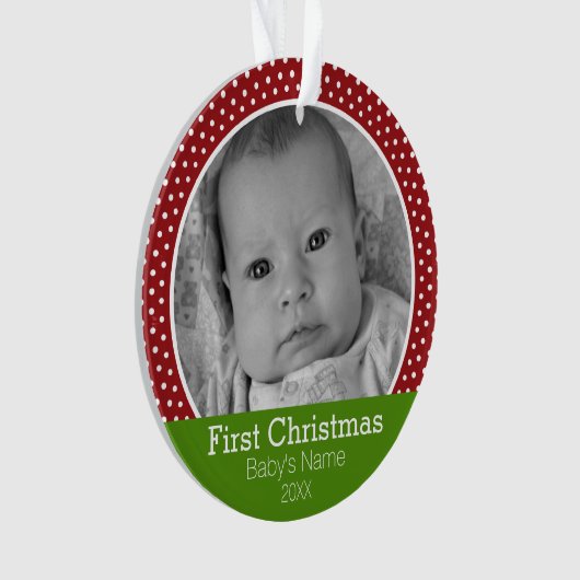 Foto van Baby's eerste kerstgroene/rode stippen Ornament (voorkant)