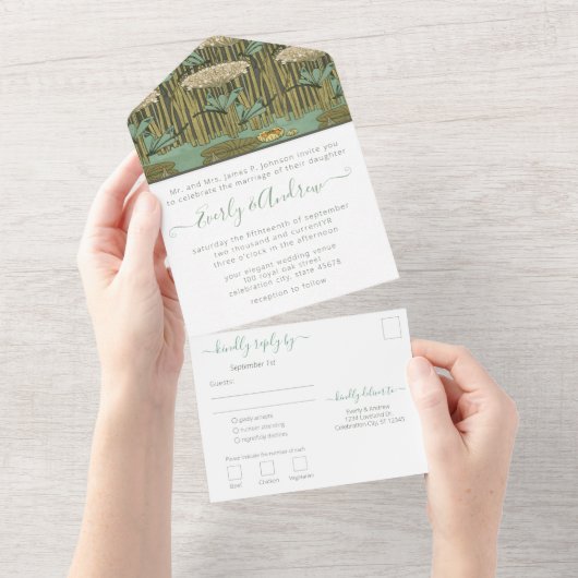 Foto van Back Art Nouveau Dragonfly Lily Pad All All In One Uitnodiging (Afscheurbaar)