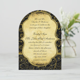 Foto van Back Gold Damask Swirl Wedding Invitation Kaart