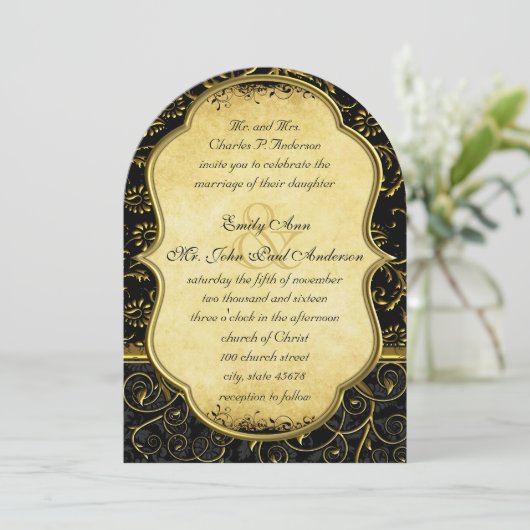 Foto van Back Gold Damask Swirl Wedding Invitation Kaart (Staand voorkant)