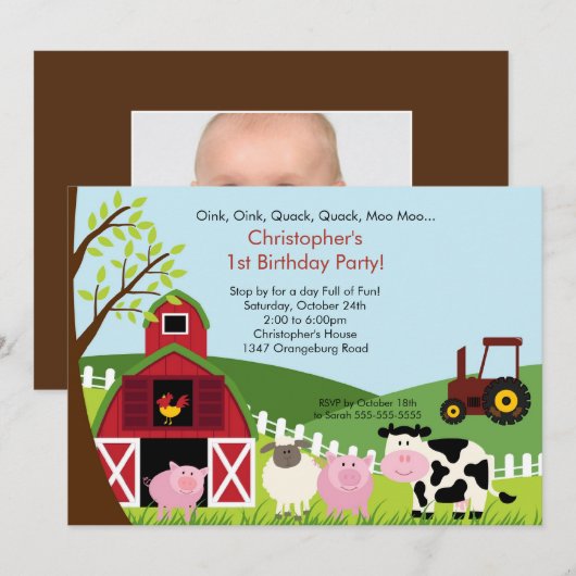 Foto van Barnyard Animal Fun Birthday Party Kaart (Voorkant / Achterkant)