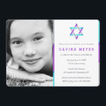 Foto van Bat Mitzvah | PAARS   BLAUWGROEN Kaart<br><div class="desc">Unieke,  moderne foto met een Mitzvah-uitnodiging. Geef je online een persoonlijk tintje met de foto van je dochter en Mitzvah details. Ster van David design met moderne paarse,  blauwgroen en zilveren accenten.</div>