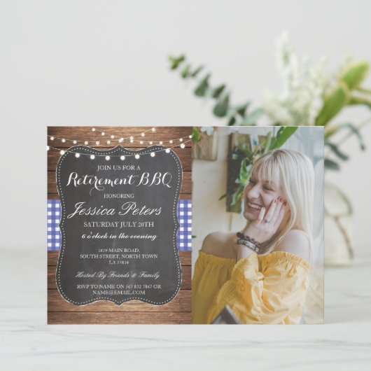 Foto van BBQ Party Blue Check Rustic Chalk Kaart (Staand voorkant)