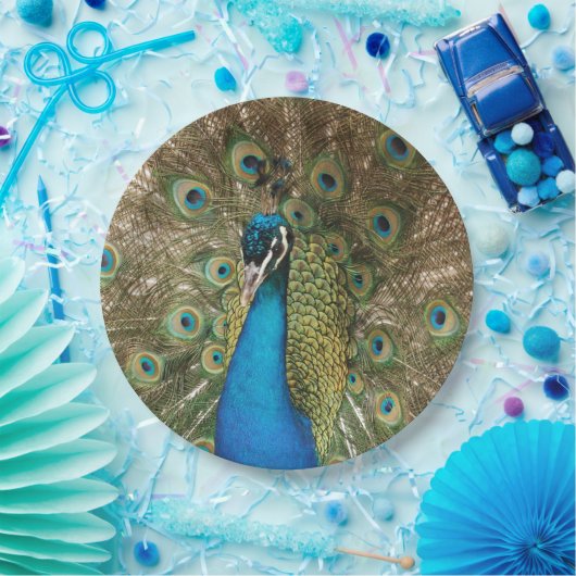 Foto van Beauful Peacock met Spread Feathers Papieren Bordje (Feest)