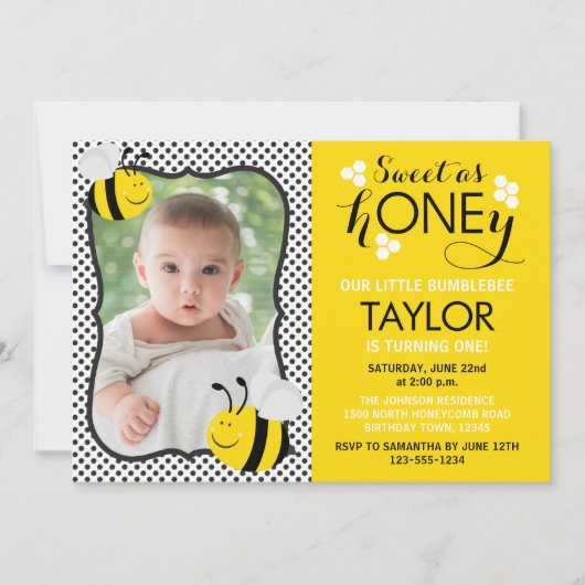 Foto van Bee First Birthday Invitation Kaart (Voorkant)