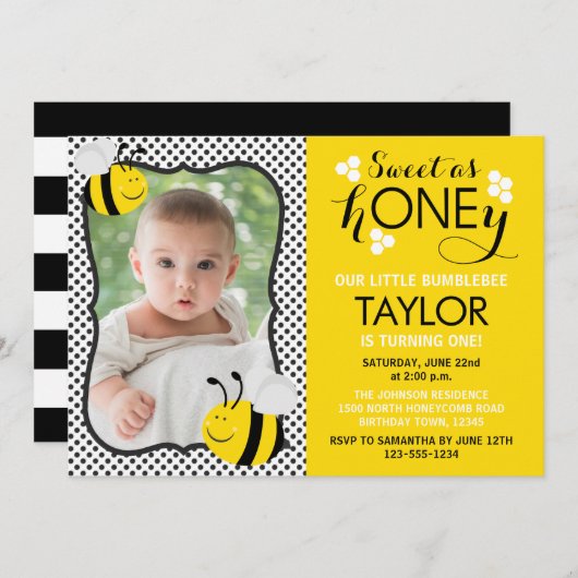 Foto van Bee First Birthday Invitation Kaart (Voorkant / Achterkant)